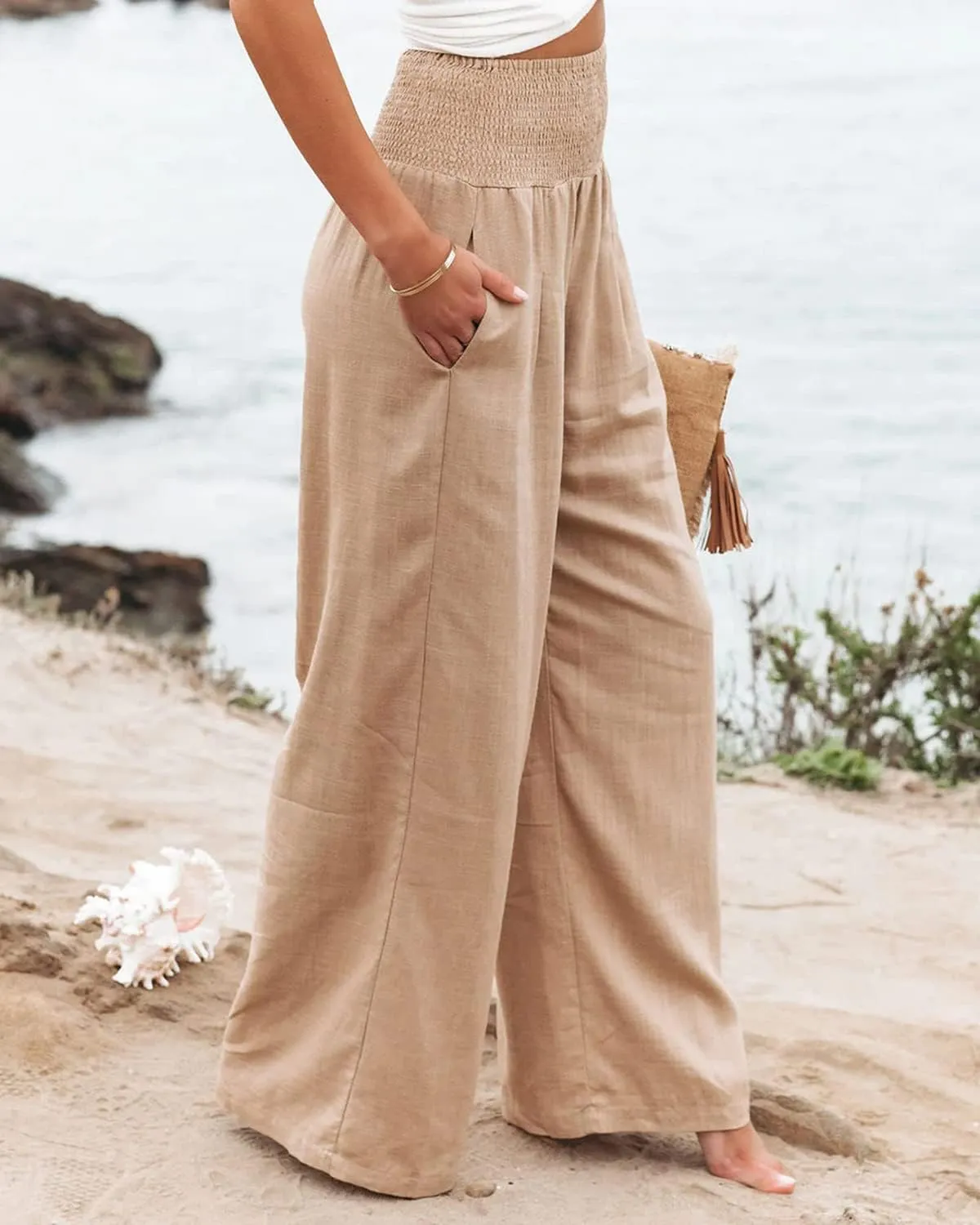 GLIENST Womens Linen Wide Leg Palazzo Pants High Waisted Smocked Lounge Trousers with Pockets S-2XL