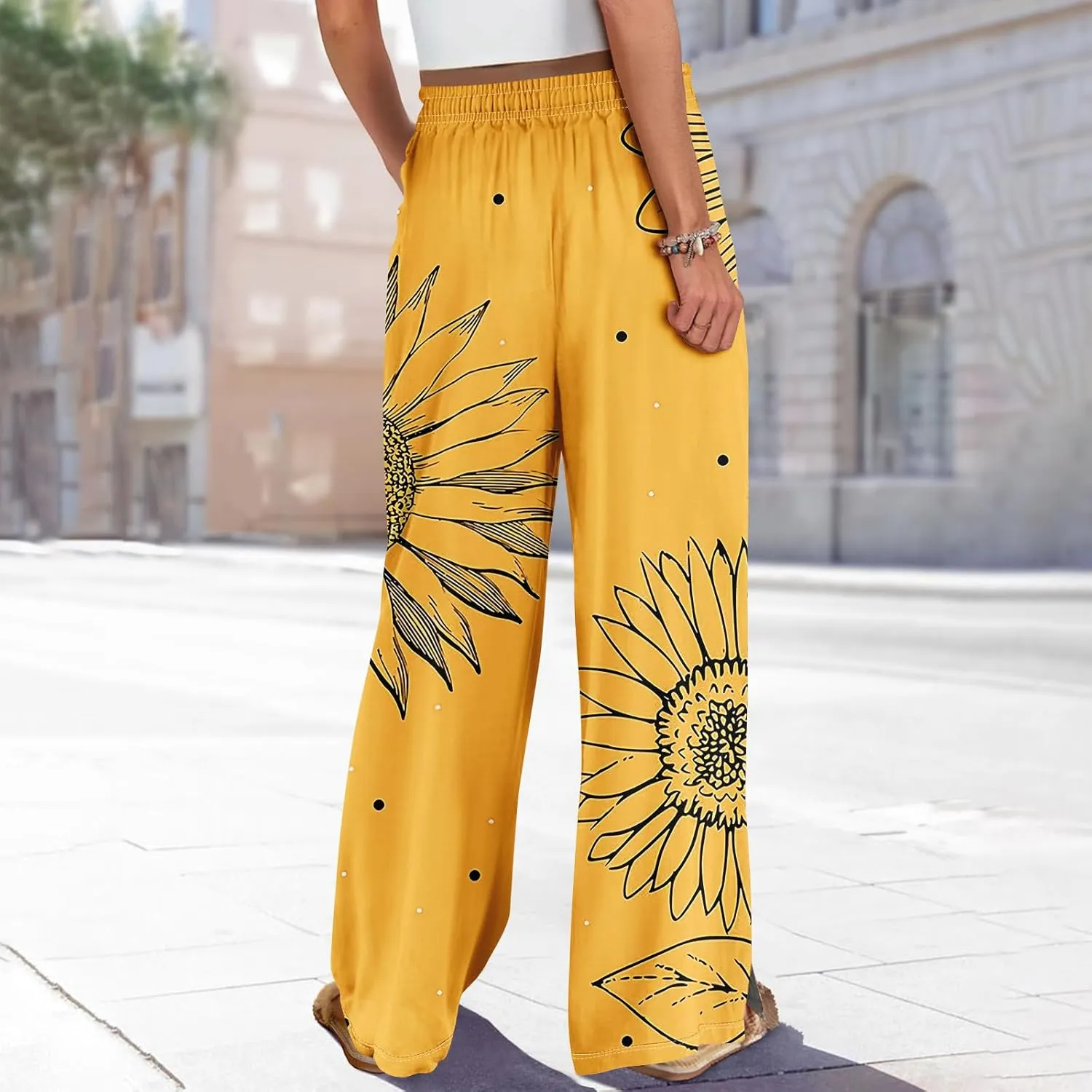 GOFULY Wide Leg Flowy Pants for Women Summer 2025 Beach Palazzo Pants High Elastic Waist Drawstring Side Slit Pockets Trouser