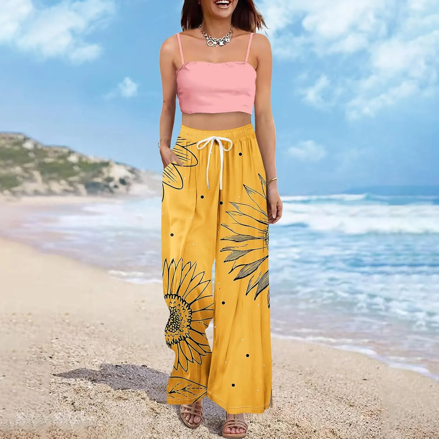 GOFULY Wide Leg Flowy Pants for Women Summer 2025 Beach Palazzo Pants High Elastic Waist Drawstring Side Slit Pockets Trouser