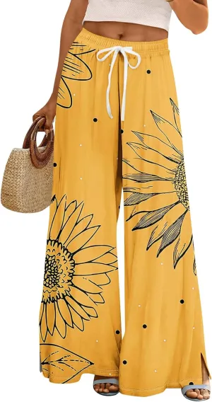 GOFULY Wide Leg Flowy Pants for Women Summer 2025 Beach Palazzo Pants High Elastic Waist Drawstring Side Slit Pockets Trouser