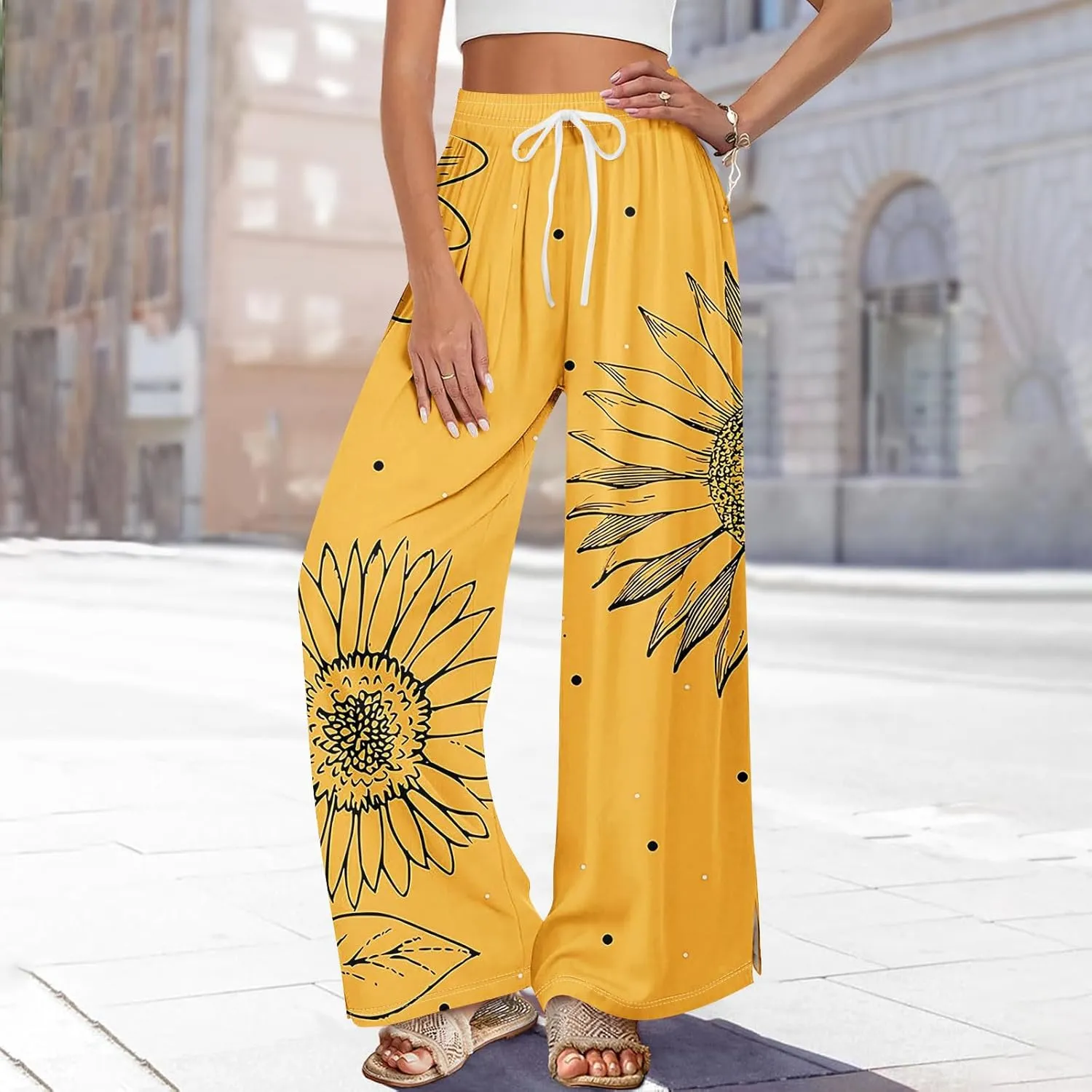GOFULY Wide Leg Flowy Pants for Women Summer 2025 Beach Palazzo Pants High Elastic Waist Drawstring Side Slit Pockets Trouser