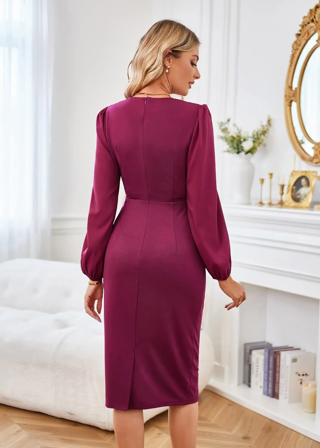 GRACE KARIN Women's Ruched Bodycon Dress Mesh Long Sleeve Front Drape Patchwork Crew Neck Midi Cocktail Dress