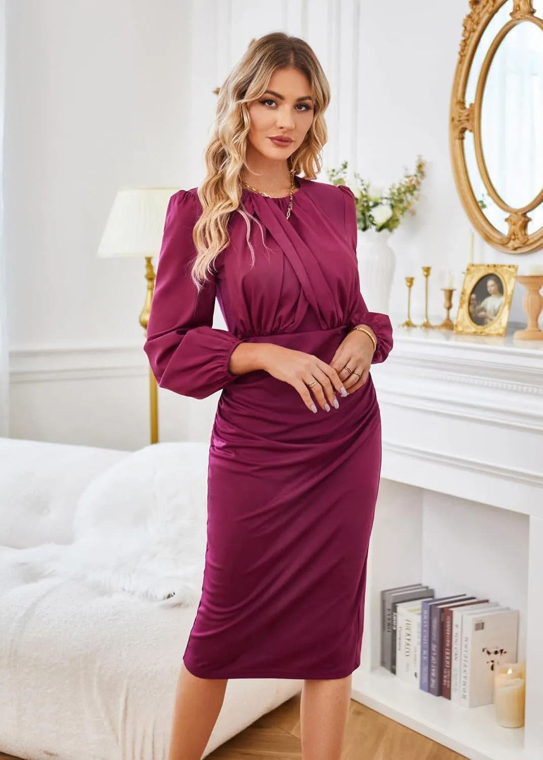 GRACE KARIN Women's Ruched Bodycon Dress Mesh Long Sleeve Front Drape Patchwork Crew Neck Midi Cocktail Dress