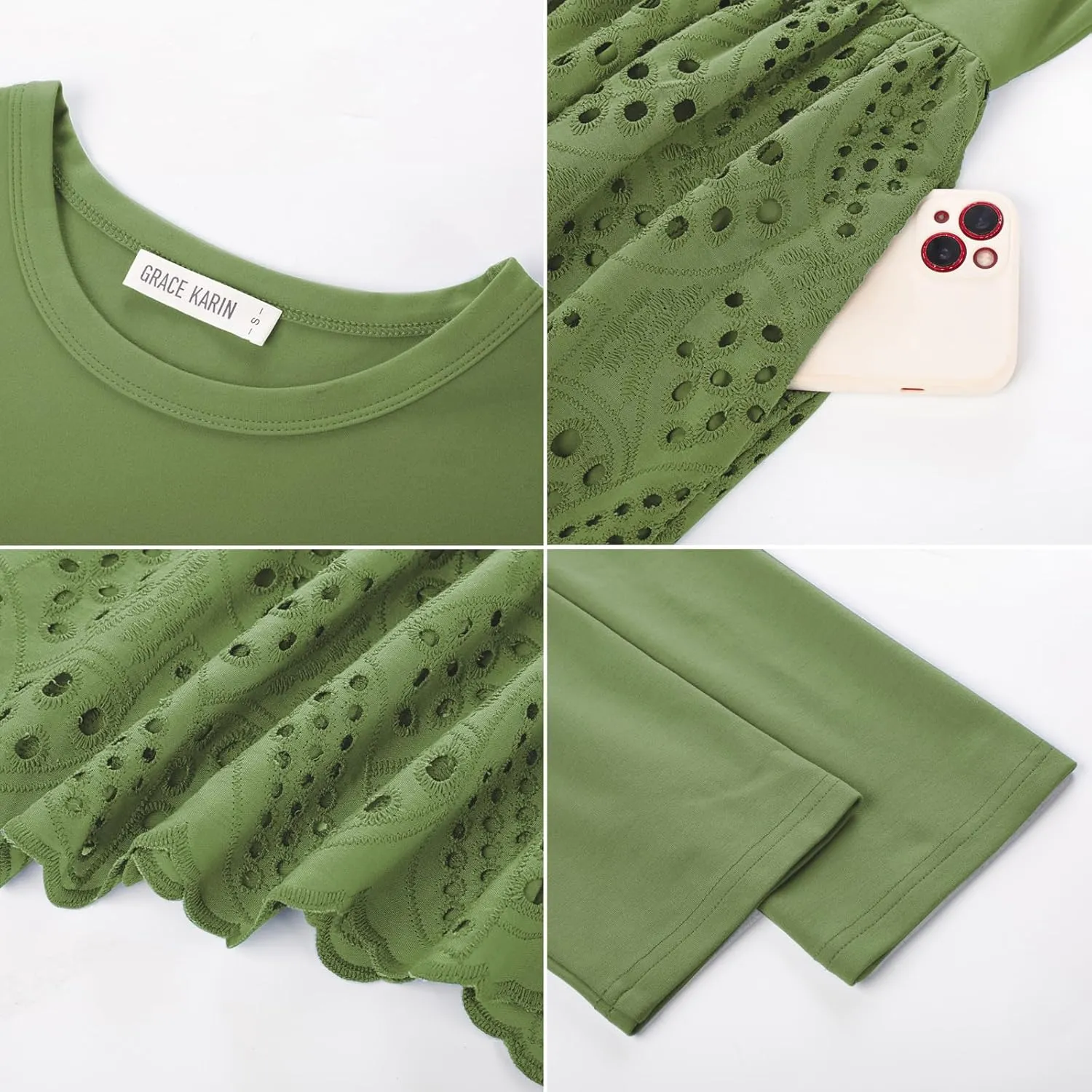 GRACE KARIN Womens Summer 3/4 Sleeve Dress with Pockets A Line Midi Eyelet Dress Empire Waist Casual Fall Flowy Dress