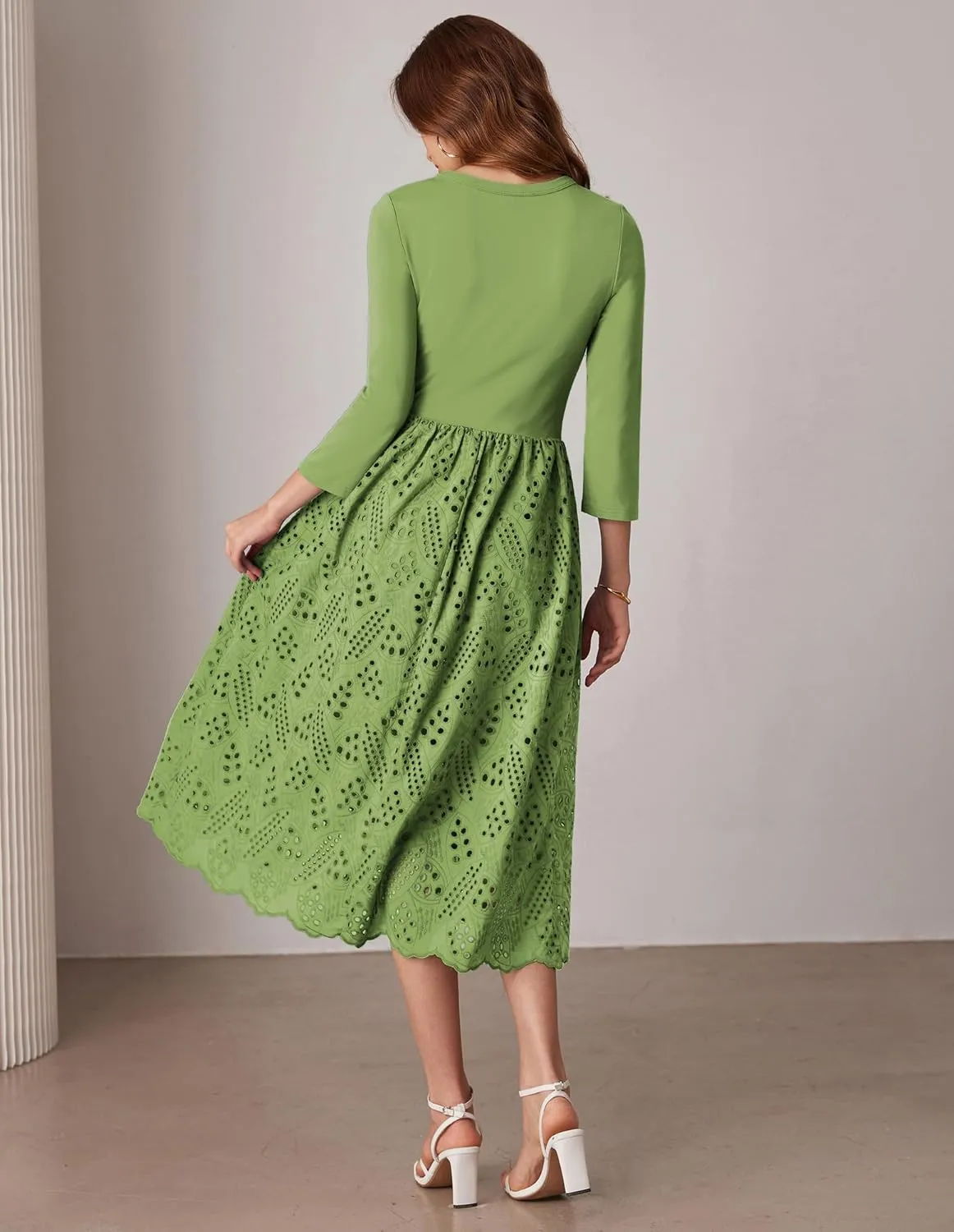 GRACE KARIN Womens Summer 3/4 Sleeve Dress with Pockets A Line Midi Eyelet Dress Empire Waist Casual Fall Flowy Dress