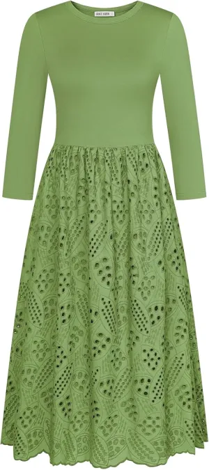 GRACE KARIN Womens Summer 3/4 Sleeve Dress with Pockets A Line Midi Eyelet Dress Empire Waist Casual Fall Flowy Dress
