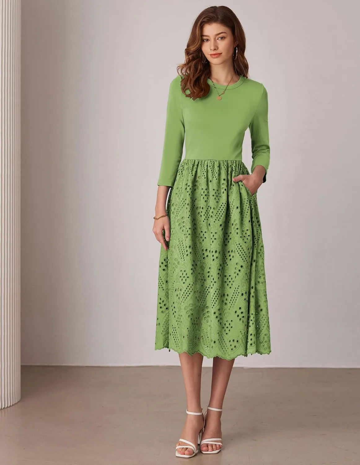 GRACE KARIN Womens Summer 3/4 Sleeve Dress with Pockets A Line Midi Eyelet Dress Empire Waist Casual Fall Flowy Dress