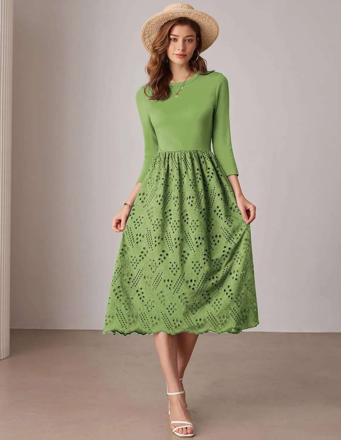 GRACE KARIN Womens Summer 3/4 Sleeve Dress with Pockets A Line Midi Eyelet Dress Empire Waist Casual Fall Flowy Dress