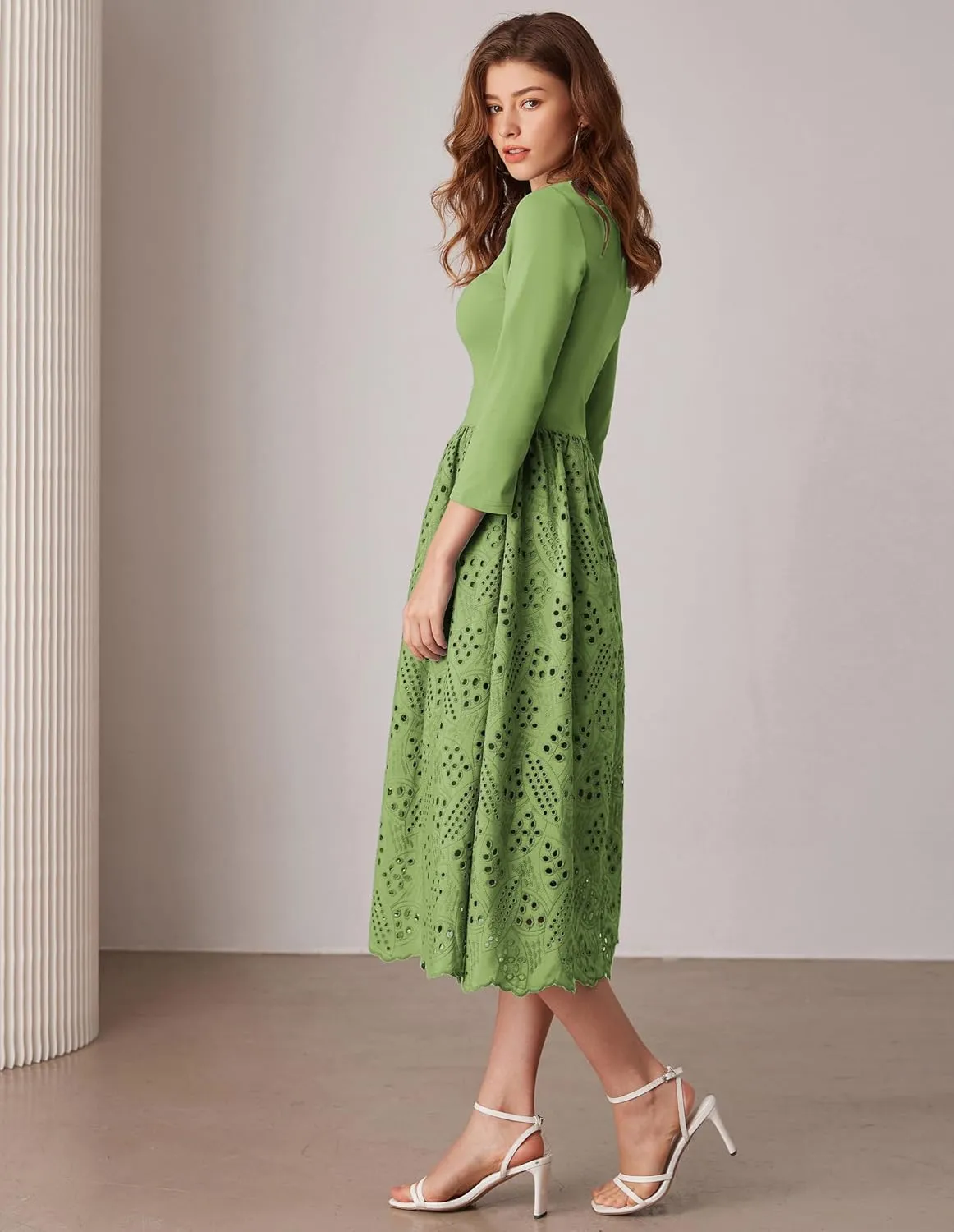 GRACE KARIN Womens Summer 3/4 Sleeve Dress with Pockets A Line Midi Eyelet Dress Empire Waist Casual Fall Flowy Dress