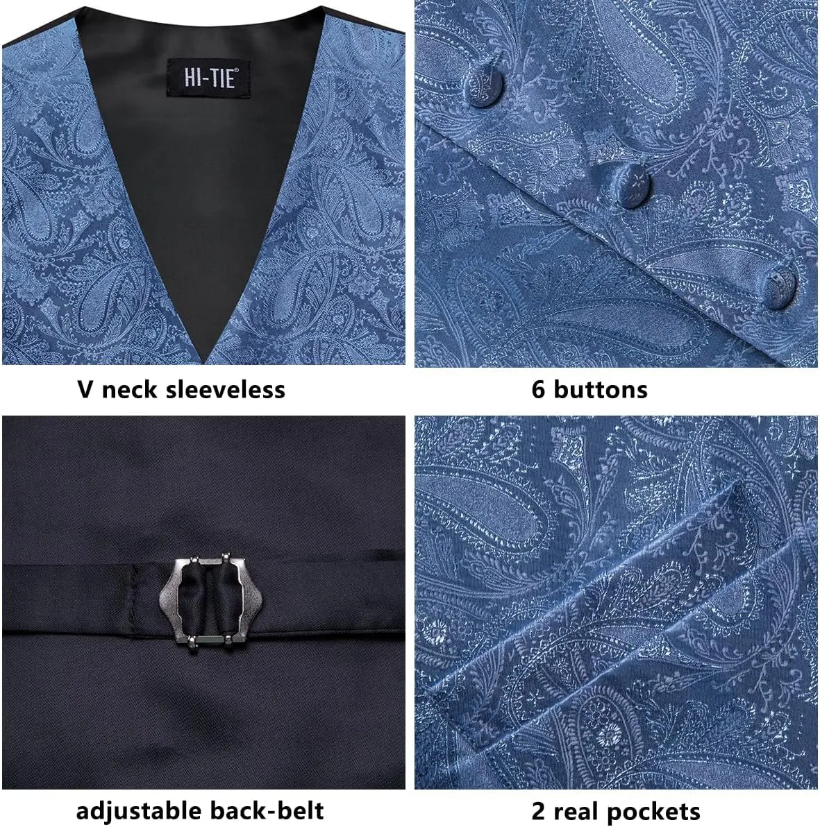 Hi-Tie Men's Suit Vest and Tie Set Formal Waistcoat V-Neck Paisley Vest and Tie Pocket Square Cufflinks Set for Wedding