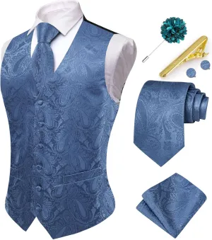 Hi-Tie Men's Suit Vest and Tie Set Formal Waistcoat V-Neck Paisley Vest and Tie Pocket Square Cufflinks Set for Wedding