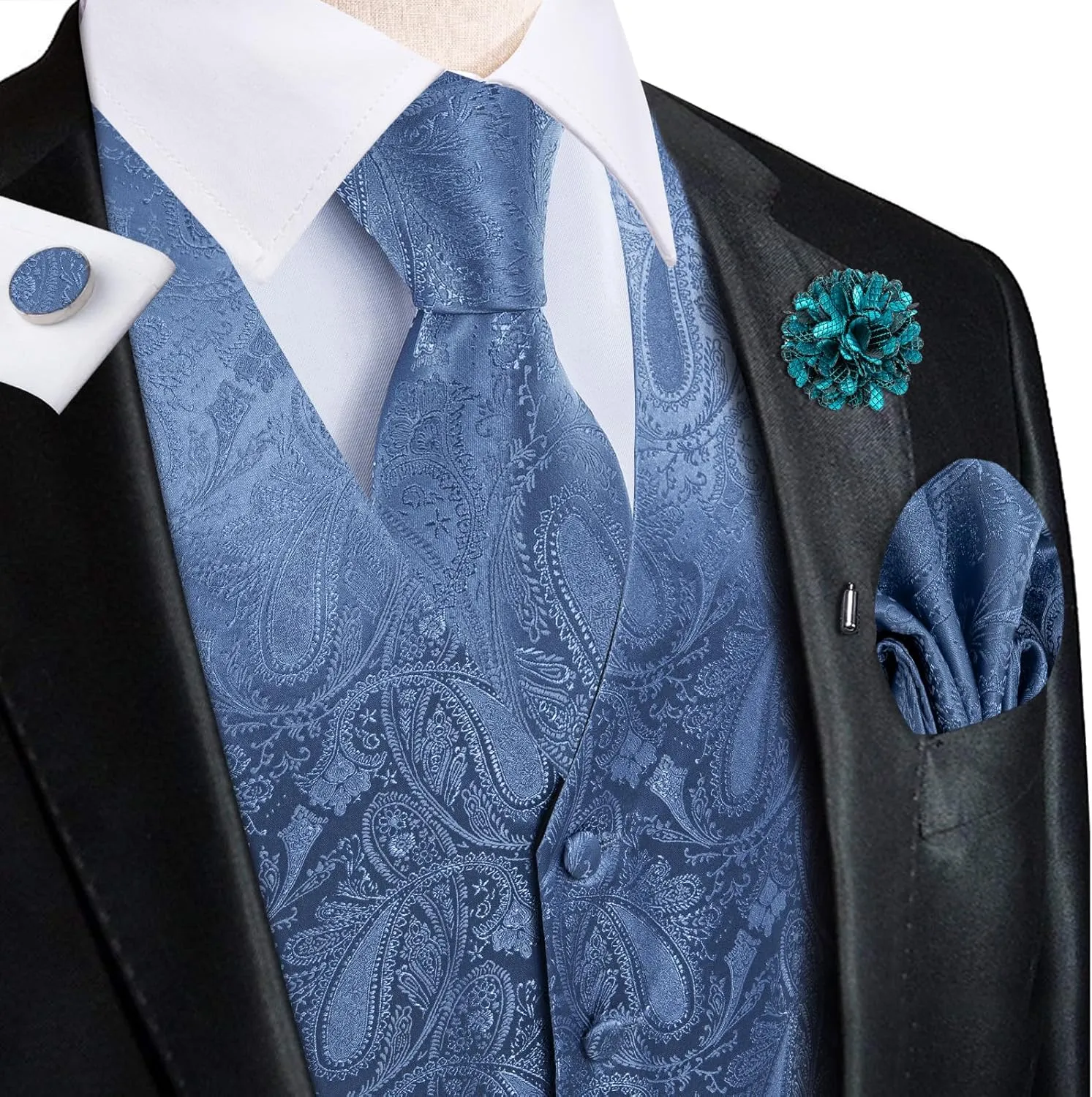 Hi-Tie Men's Suit Vest and Tie Set Formal Waistcoat V-Neck Paisley Vest and Tie Pocket Square Cufflinks Set for Wedding