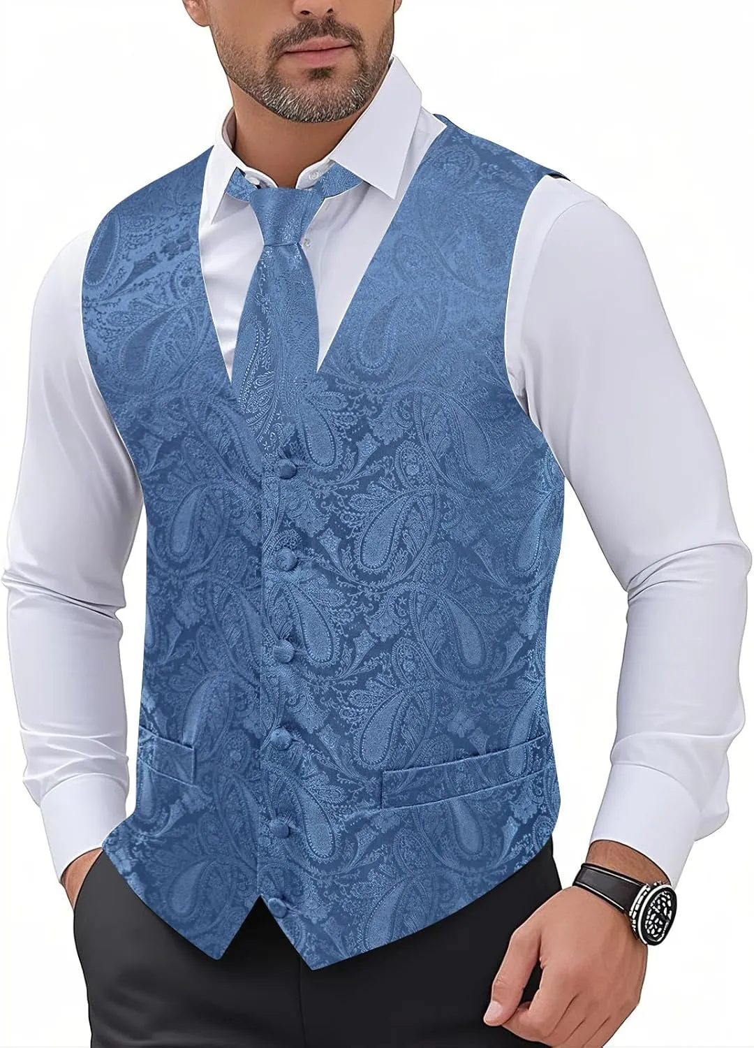 Hi-Tie Men's Suit Vest and Tie Set Formal Waistcoat V-Neck Paisley Vest and Tie Pocket Square Cufflinks Set for Wedding