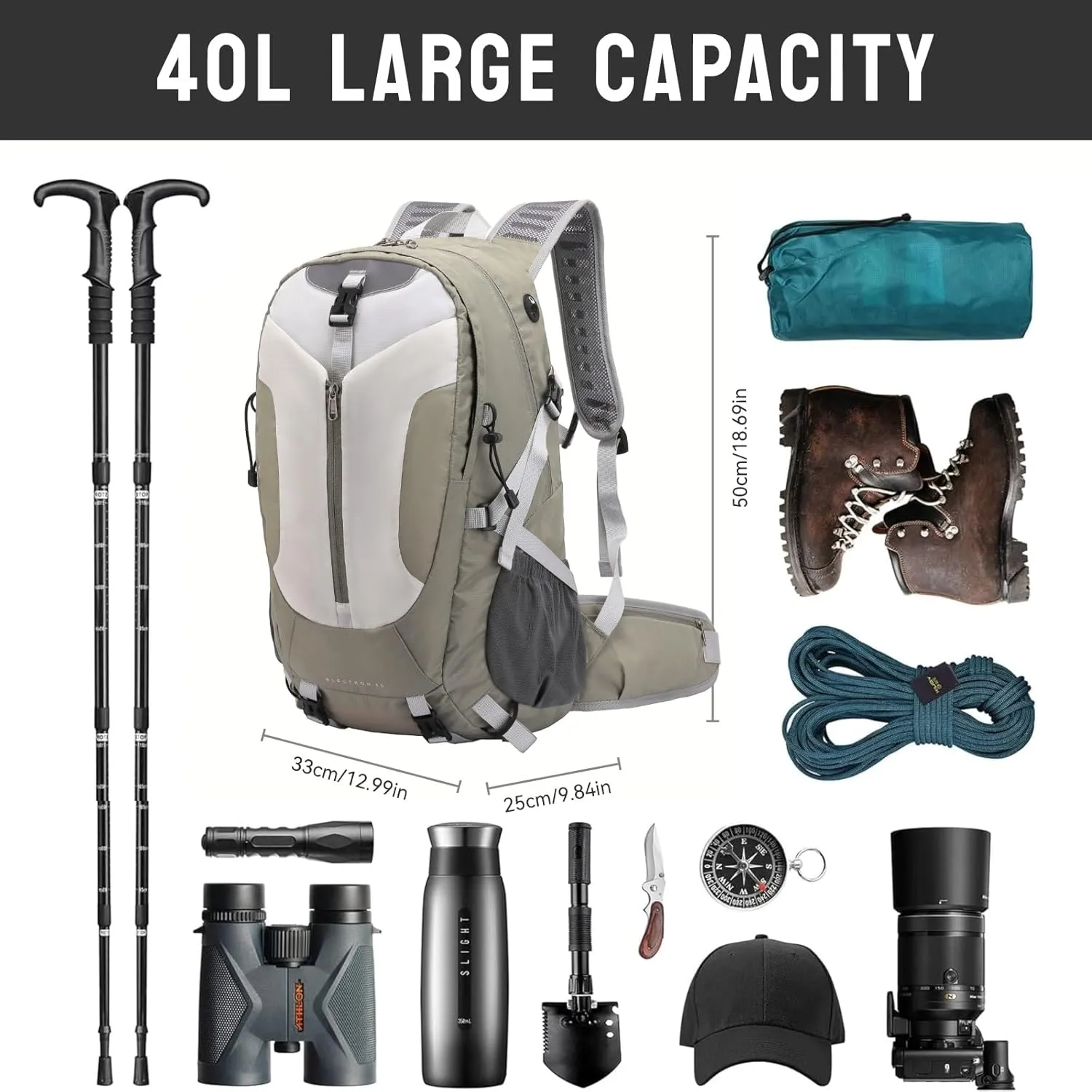 Hiking Backpack 40L, Waterproof Hiking Backpack with Rain Cover, Large Camping Bag Outdoor Sport Travel Daypack