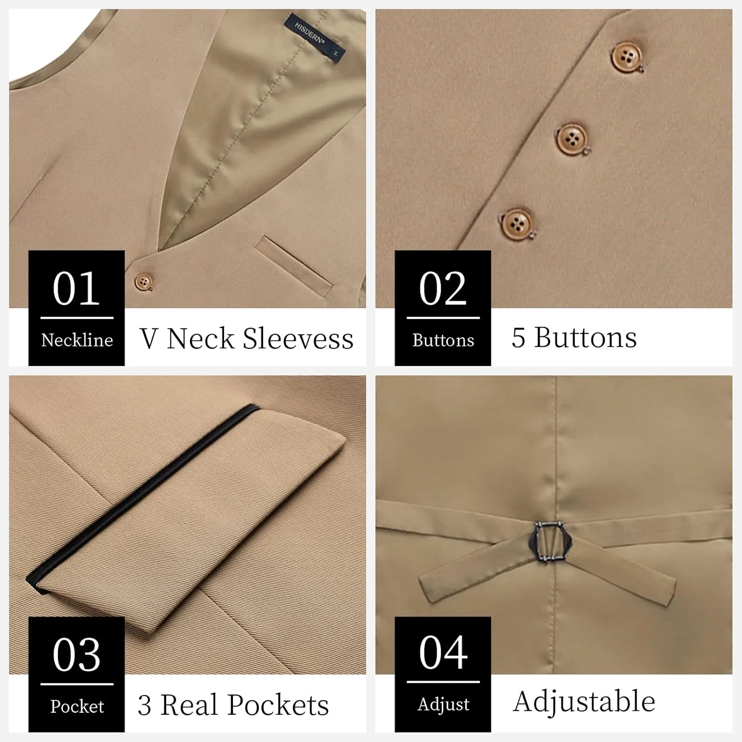 HISDERN Men's Suit Vest Business Suit Vests for Men Formal Slim Fit Solid Wedding Dress Waistcoat for V-Neck Tuxedo Vest