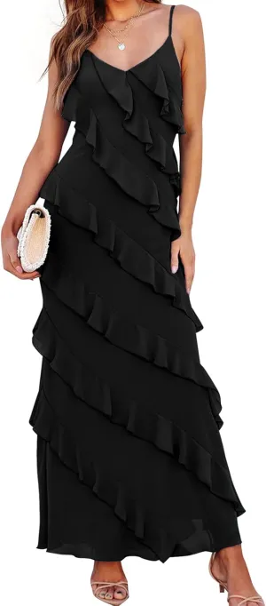 houstil Women's Casual Summer Dress Strap Ruffle Beach Party Maxi Cocktail Evening Holiday Wedding Guest Dresses