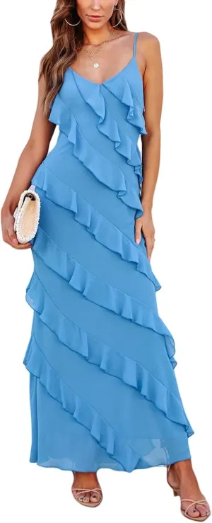 houstil Women's Casual Summer Dress Strap Ruffle Beach Party Maxi Cocktail Evening Holiday Wedding Guest Dresses