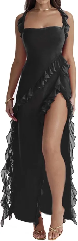 houstil Women's Casual Summer Dress Strap Ruffle Beach Party Maxi Cocktail Evening Holiday Wedding Guest Dresses