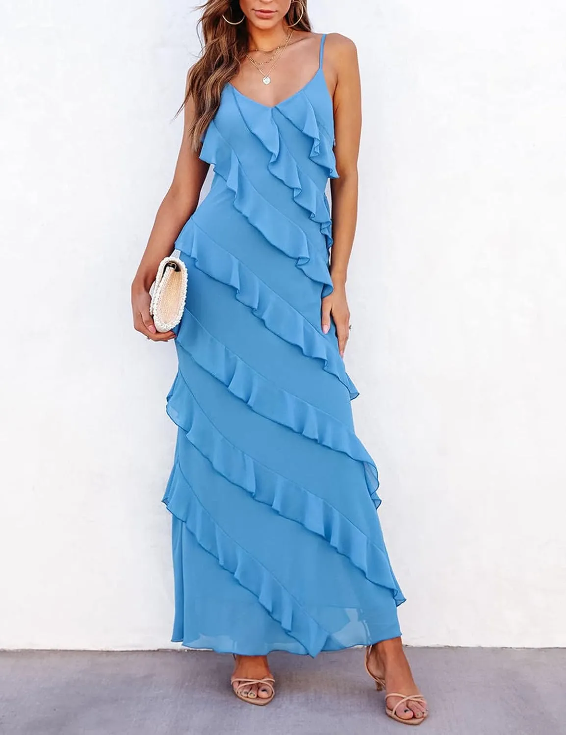 houstil Women's Casual Summer Dress Strap Ruffle Beach Party Maxi Cocktail Evening Holiday Wedding Guest Dresses