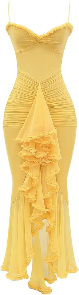 houstil Women's Ruffle Mesh Casual Summer Dress Strap Beach Party Cocktail Evening Holiday Maxi Wedding Guest Dresses