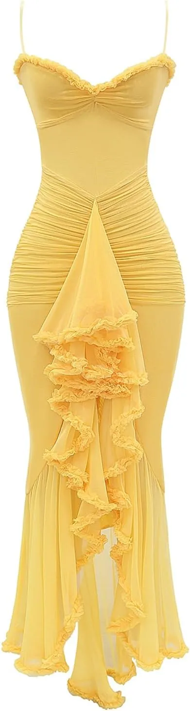 houstil Women's Ruffle Mesh Casual Summer Dress Strap Beach Party Cocktail Evening Holiday Maxi Wedding Guest Dresses