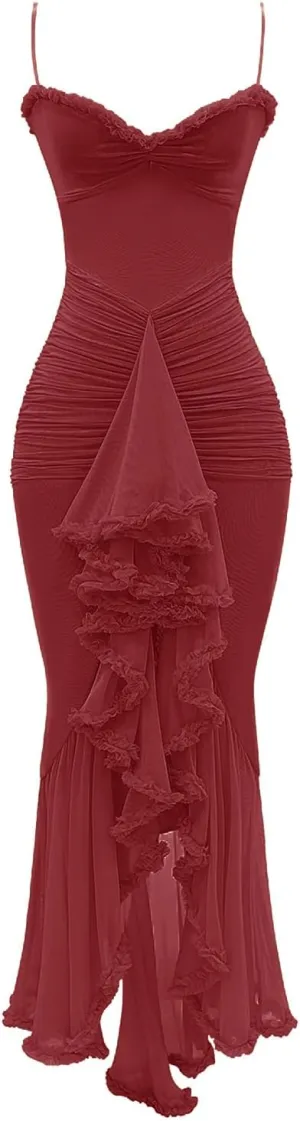 houstil Women's Ruffle Mesh Casual Summer Dress Strap Beach Party Cocktail Evening Holiday Maxi Wedding Guest Dresses