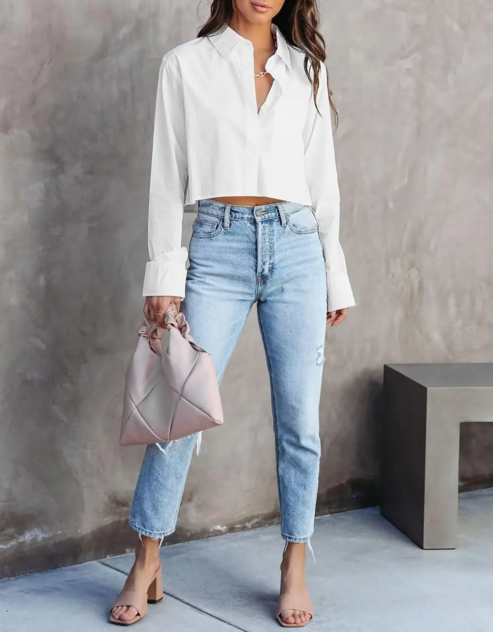 INFITTY Women's Button Down Cropped Shirts Long Sleeve Casual Crop Tops Loose Fit Cotton Lapel Blouse Fall