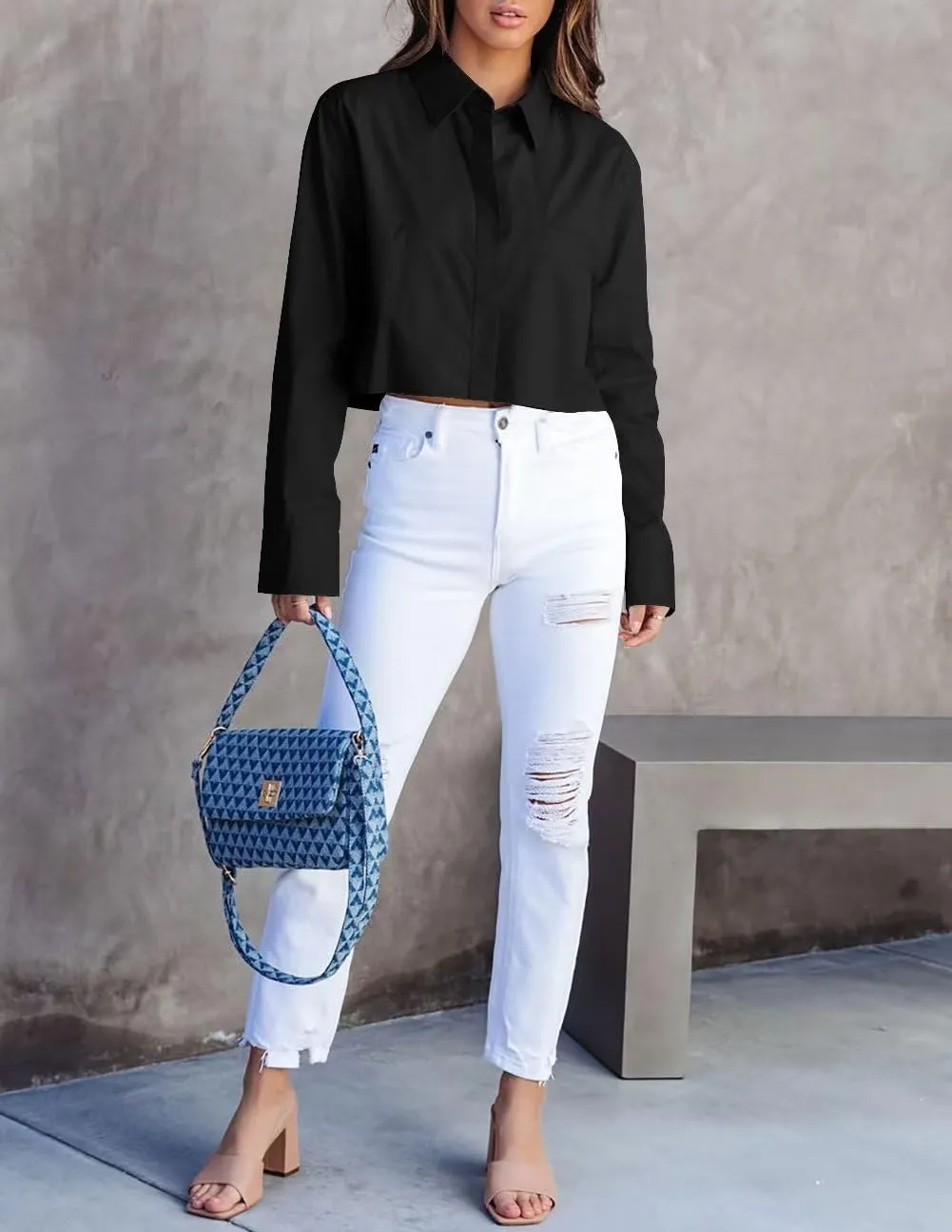 INFITTY Women's Button Down Cropped Shirts Long Sleeve Casual Crop Tops Loose Fit Cotton Lapel Blouse Fall