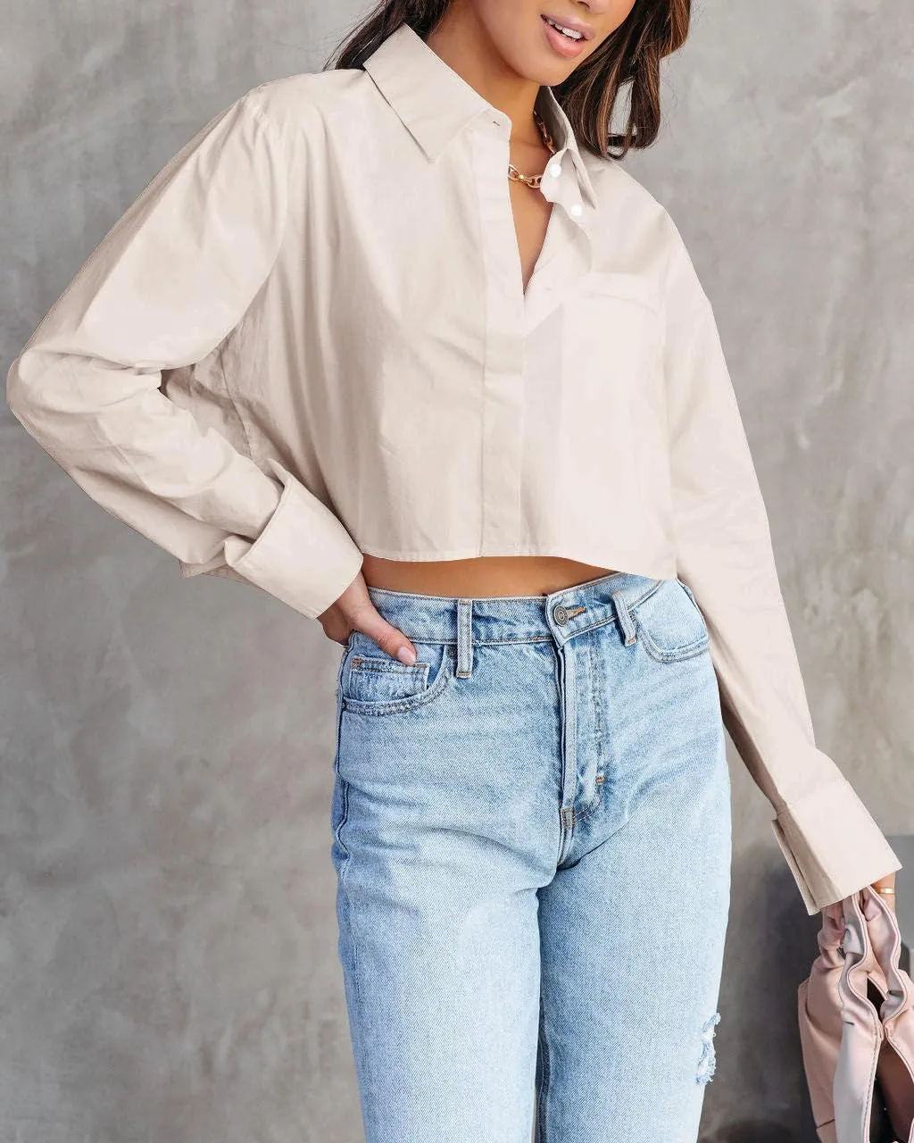 INFITTY Women's Button Down Cropped Shirts Long Sleeve Casual Crop Tops Loose Fit Cotton Lapel Blouse Fall