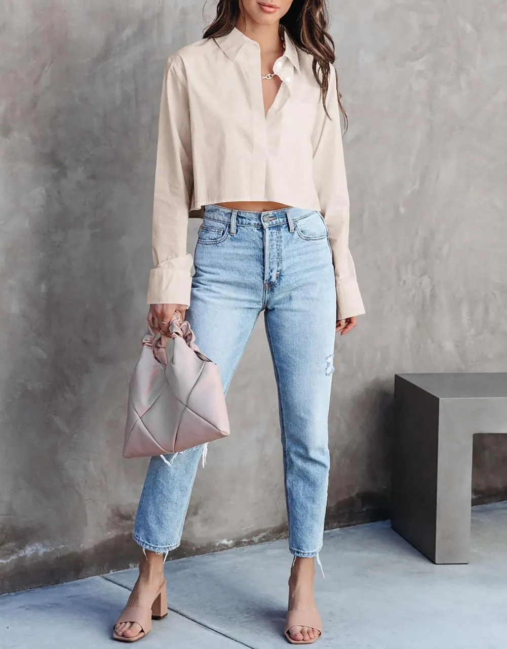 INFITTY Women's Button Down Cropped Shirts Long Sleeve Casual Crop Tops Loose Fit Cotton Lapel Blouse Fall
