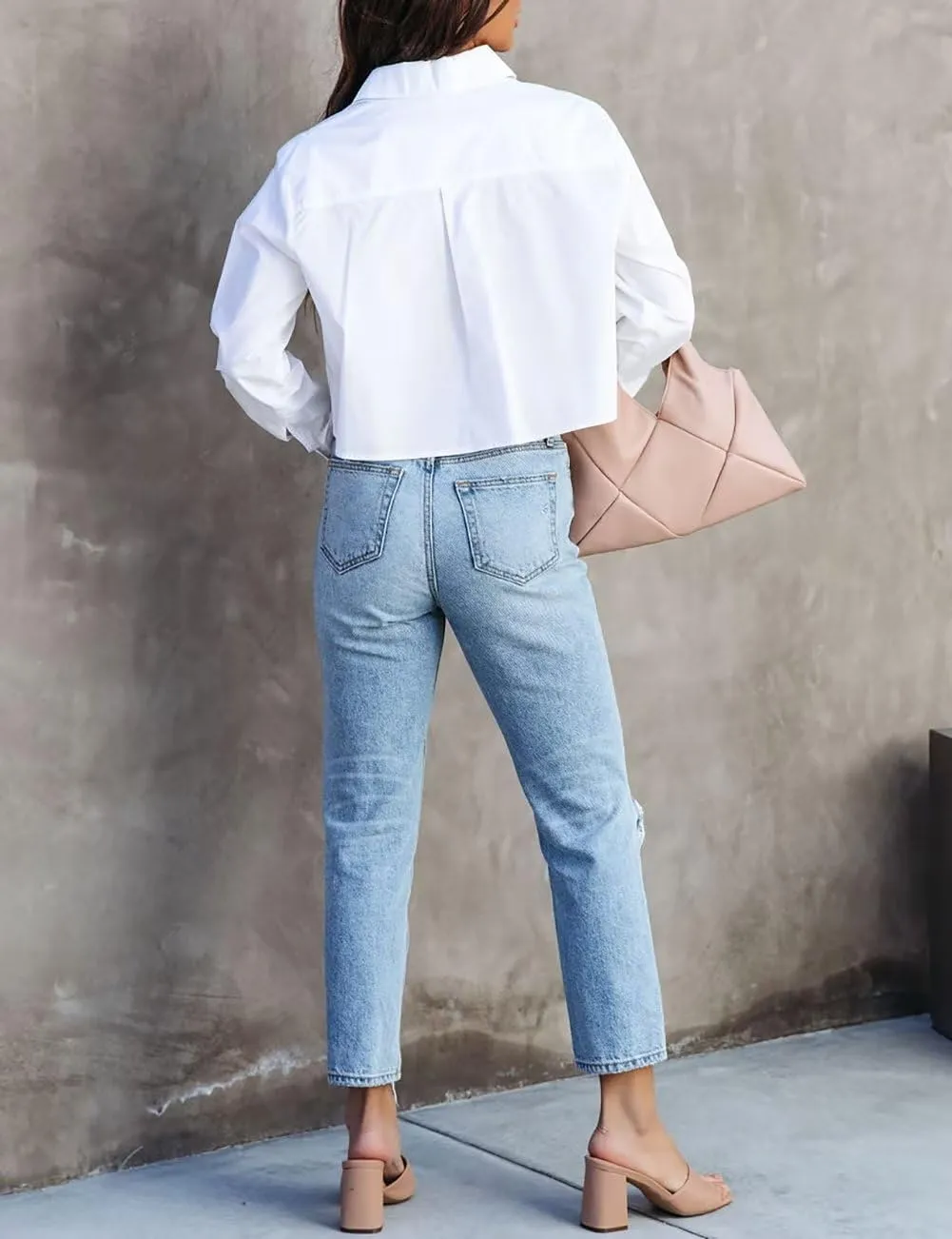 INFITTY Women's Button Down Cropped Shirts Long Sleeve Casual Crop Tops Loose Fit Cotton Lapel Blouse Fall
