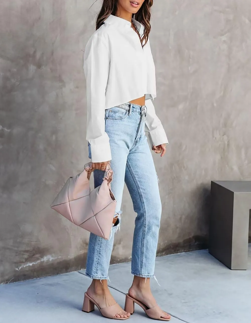 INFITTY Women's Button Down Cropped Shirts Long Sleeve Casual Crop Tops Loose Fit Cotton Lapel Blouse Fall