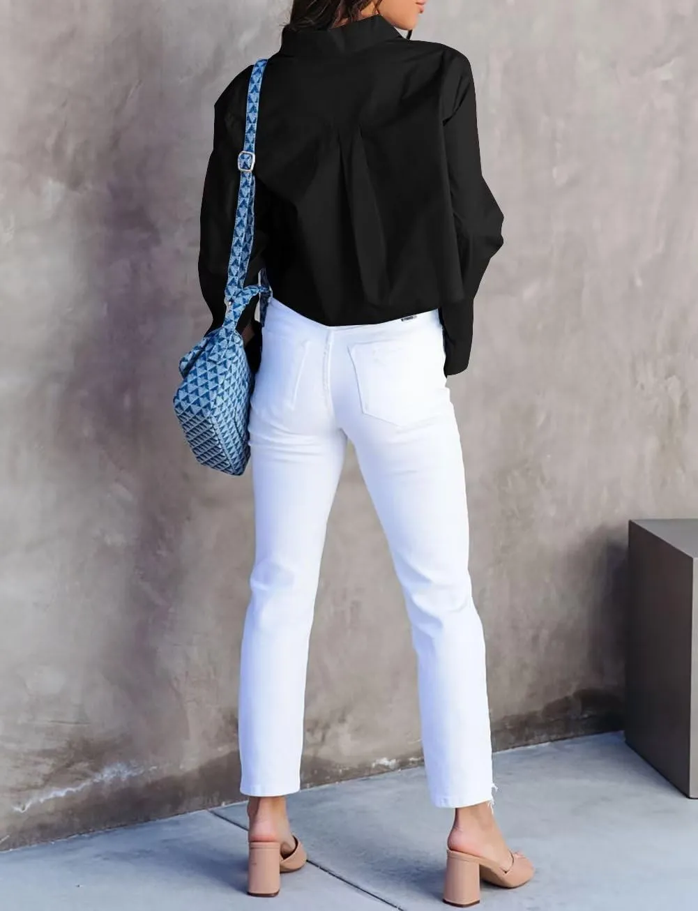 INFITTY Women's Button Down Cropped Shirts Long Sleeve Casual Crop Tops Loose Fit Cotton Lapel Blouse Fall