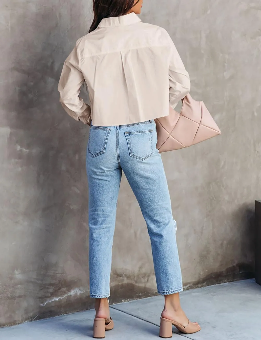 INFITTY Women's Button Down Cropped Shirts Long Sleeve Casual Crop Tops Loose Fit Cotton Lapel Blouse Fall