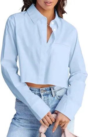 INFITTY Women's Button Down Cropped Shirts Long Sleeve Casual Crop Tops Loose Fit Cotton Lapel Blouse Fall