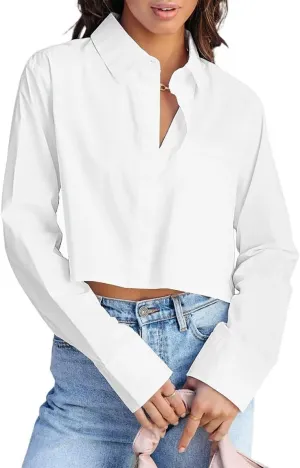 INFITTY Women's Button Down Cropped Shirts Long Sleeve Casual Crop Tops Loose Fit Cotton Lapel Blouse Fall