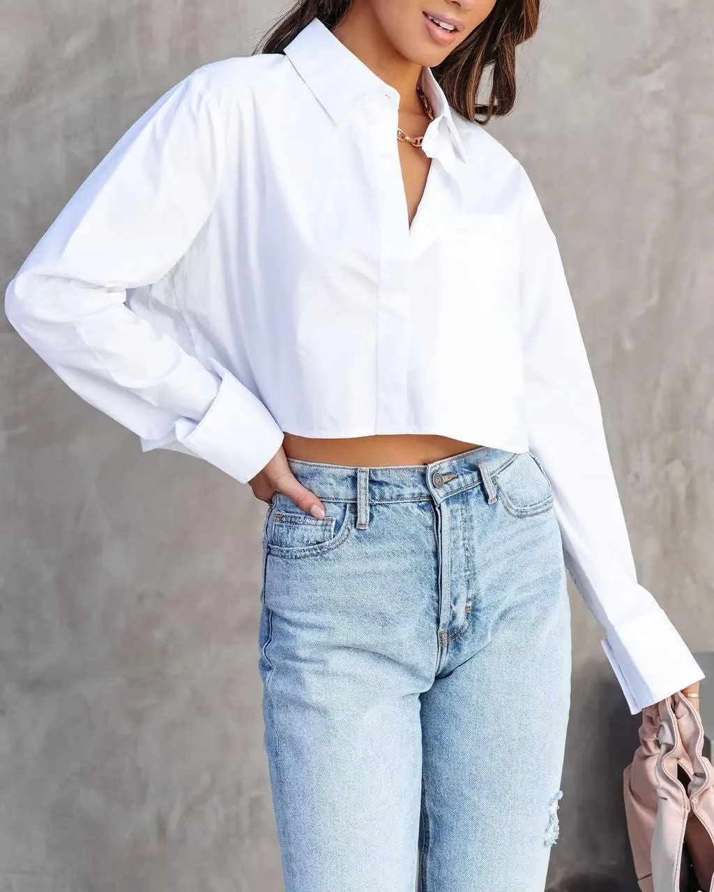 INFITTY Women's Button Down Cropped Shirts Long Sleeve Casual Crop Tops Loose Fit Cotton Lapel Blouse Fall