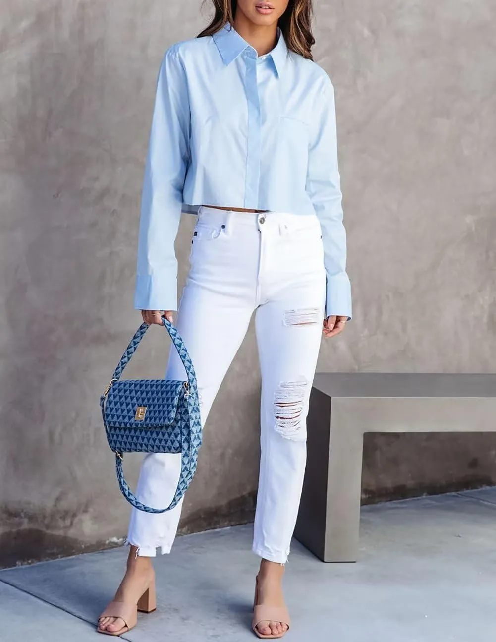 INFITTY Women's Button Down Cropped Shirts Long Sleeve Casual Crop Tops Loose Fit Cotton Lapel Blouse Fall