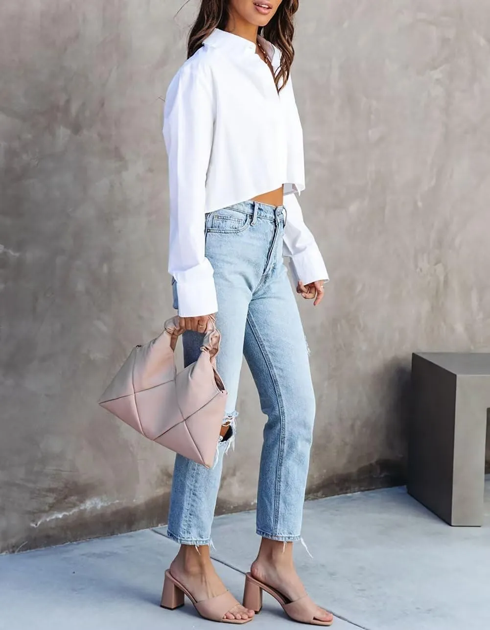 INFITTY Women's Button Down Cropped Shirts Long Sleeve Casual Crop Tops Loose Fit Cotton Lapel Blouse Fall