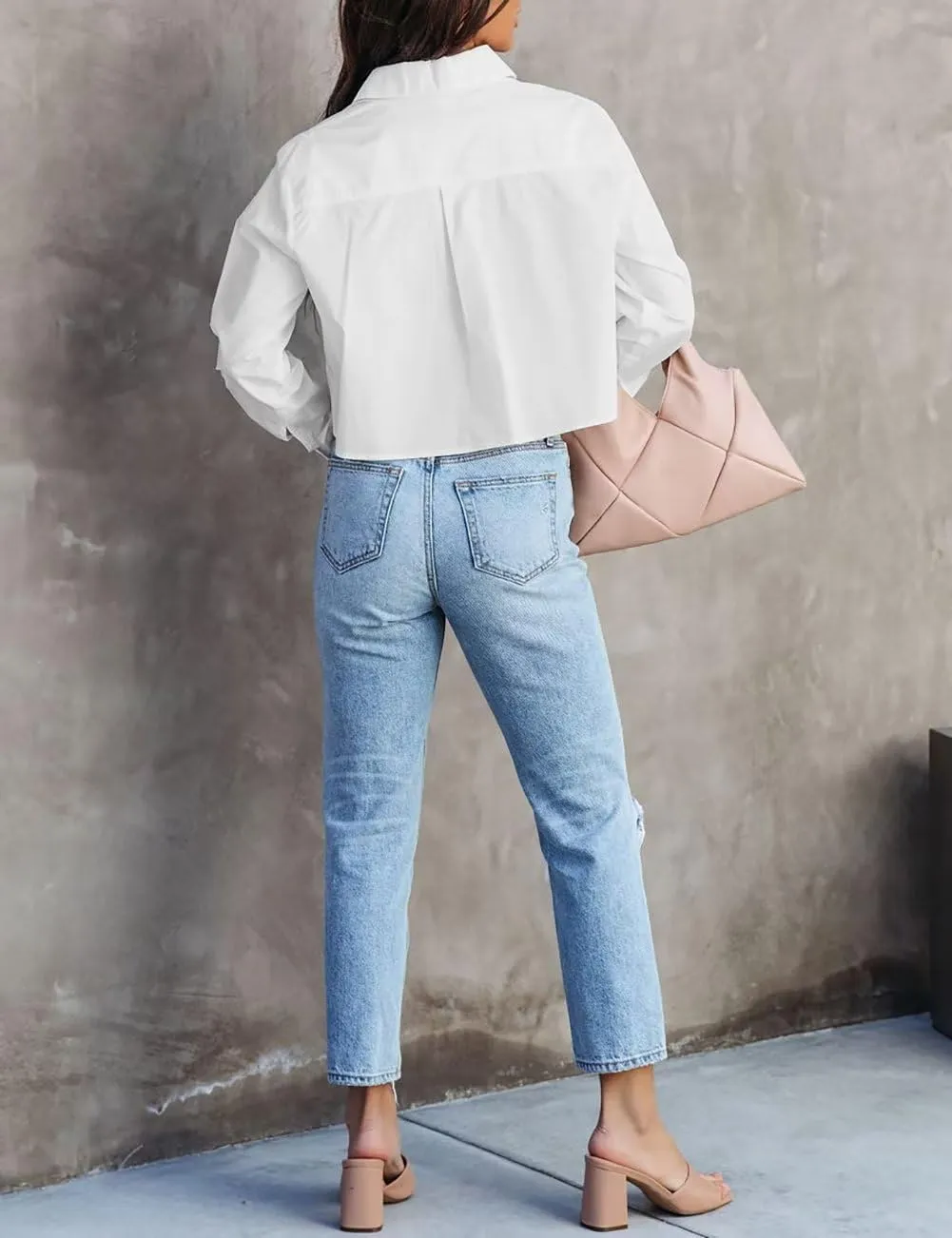 INFITTY Women's Button Down Cropped Shirts Long Sleeve Casual Crop Tops Loose Fit Cotton Lapel Blouse Fall