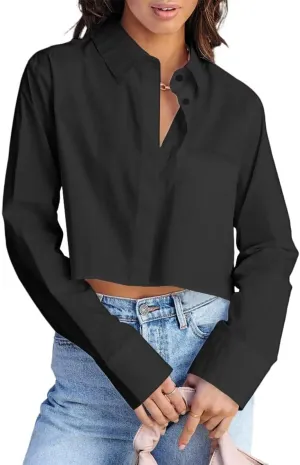 INFITTY Women's Button Down Cropped Shirts Long Sleeve Casual Crop Tops Loose Fit Cotton Lapel Blouse Fall