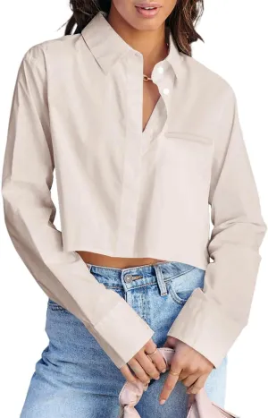 INFITTY Women's Button Down Cropped Shirts Long Sleeve Casual Crop Tops Loose Fit Cotton Lapel Blouse Fall