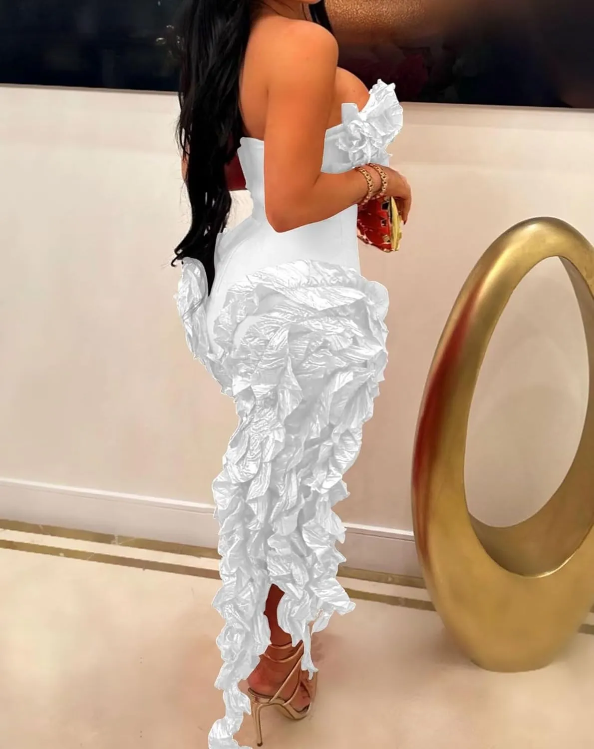 IyMoo Women Sexy Strapless Ruffle Bodycon Dress Solid Color Fringe Slim Party Cocktail Bandage Dresses