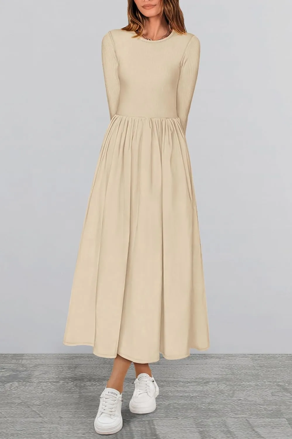 KIRUNDO Women's Casual Long Sleeve Spring Wedding Guest Dress 2025 Summer Fall Elegant Boho Flowy Midi Dresses Pockets