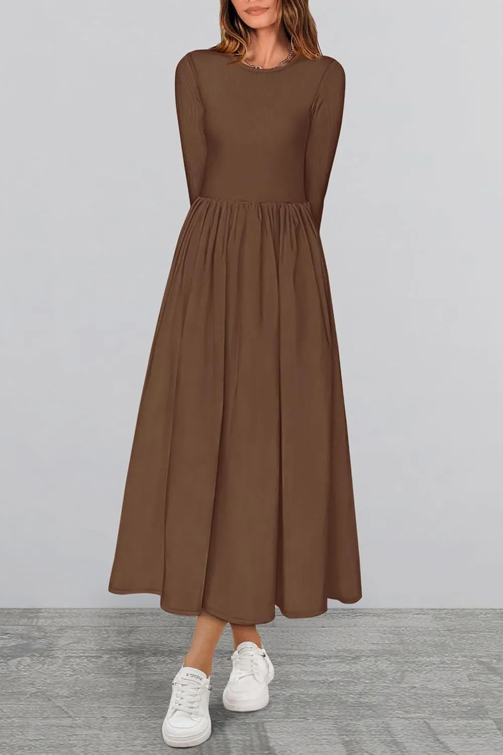 KIRUNDO Women's Casual Long Sleeve Spring Wedding Guest Dress 2025 Summer Fall Elegant Boho Flowy Midi Dresses Pockets