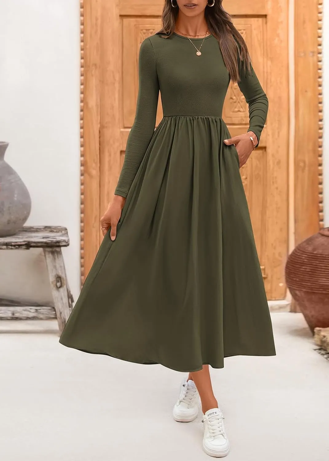 KIRUNDO Women's Casual Long Sleeve Spring Wedding Guest Dress 2025 Summer Fall Elegant Boho Flowy Midi Dresses Pockets
