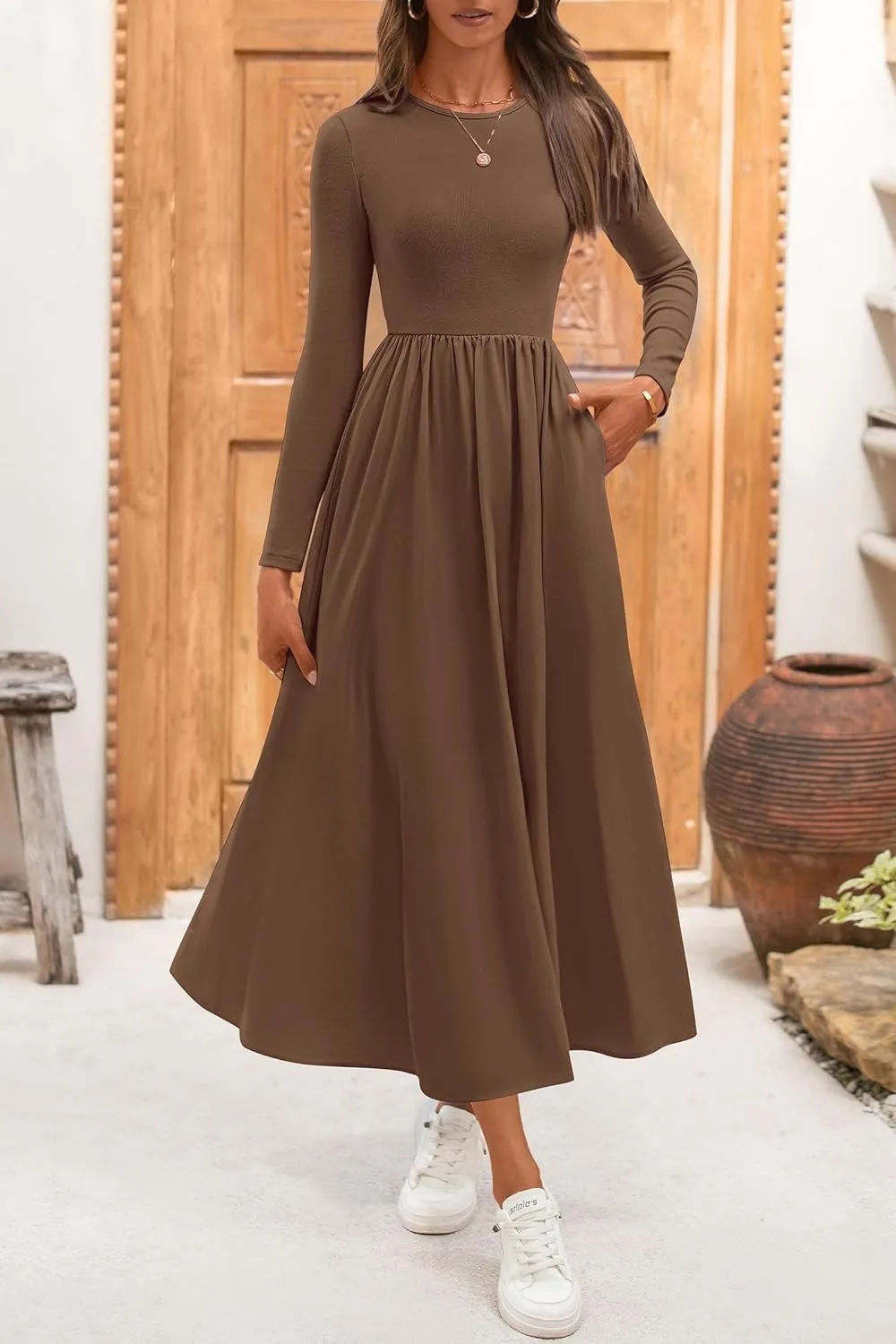 KIRUNDO Women's Casual Long Sleeve Spring Wedding Guest Dress 2025 Summer Fall Elegant Boho Flowy Midi Dresses Pockets
