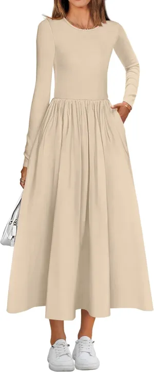 KIRUNDO Women's Casual Long Sleeve Spring Wedding Guest Dress 2025 Summer Fall Elegant Boho Flowy Midi Dresses Pockets