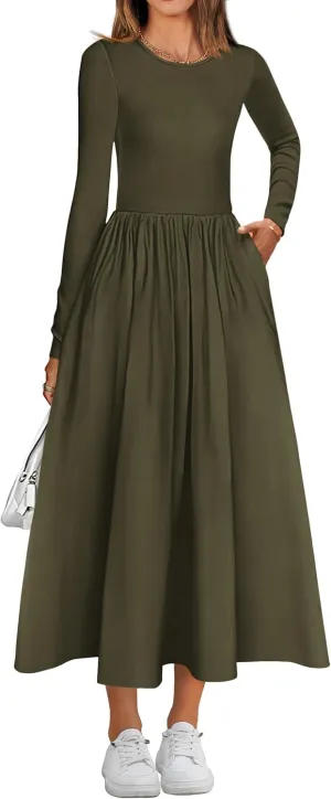 KIRUNDO Women's Casual Long Sleeve Spring Wedding Guest Dress 2025 Summer Fall Elegant Boho Flowy Midi Dresses Pockets