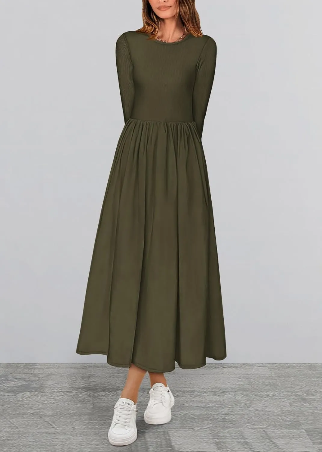 KIRUNDO Women's Casual Long Sleeve Spring Wedding Guest Dress 2025 Summer Fall Elegant Boho Flowy Midi Dresses Pockets